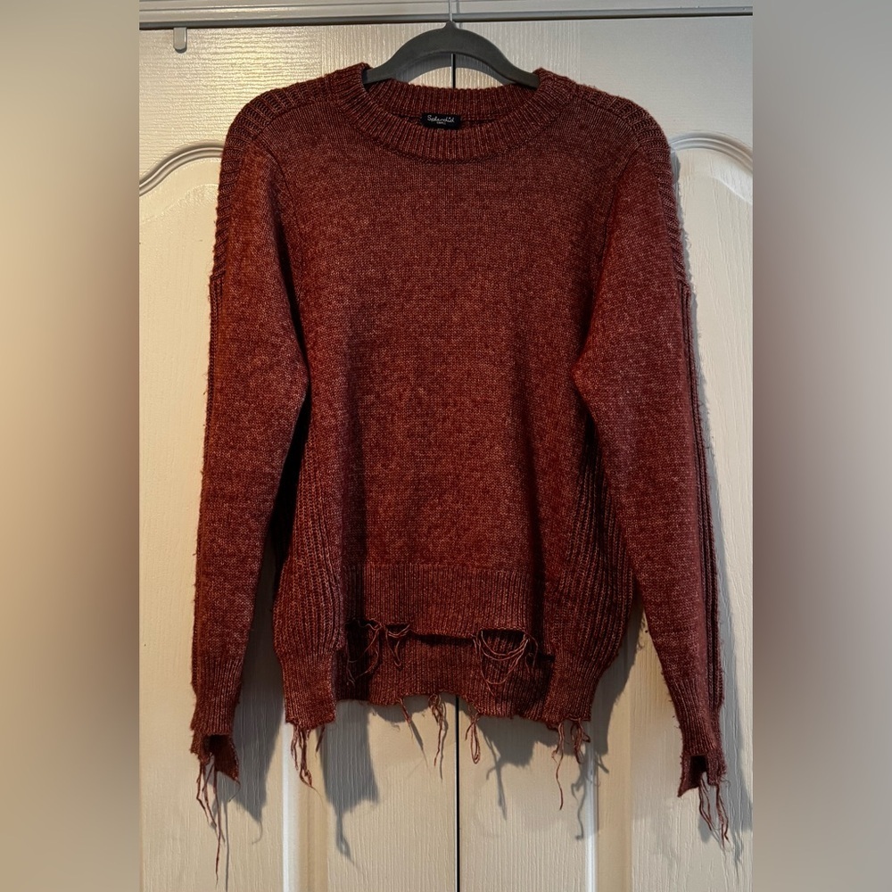Splendid Washed Brown Distressed Crew Neck Sweater - Size S